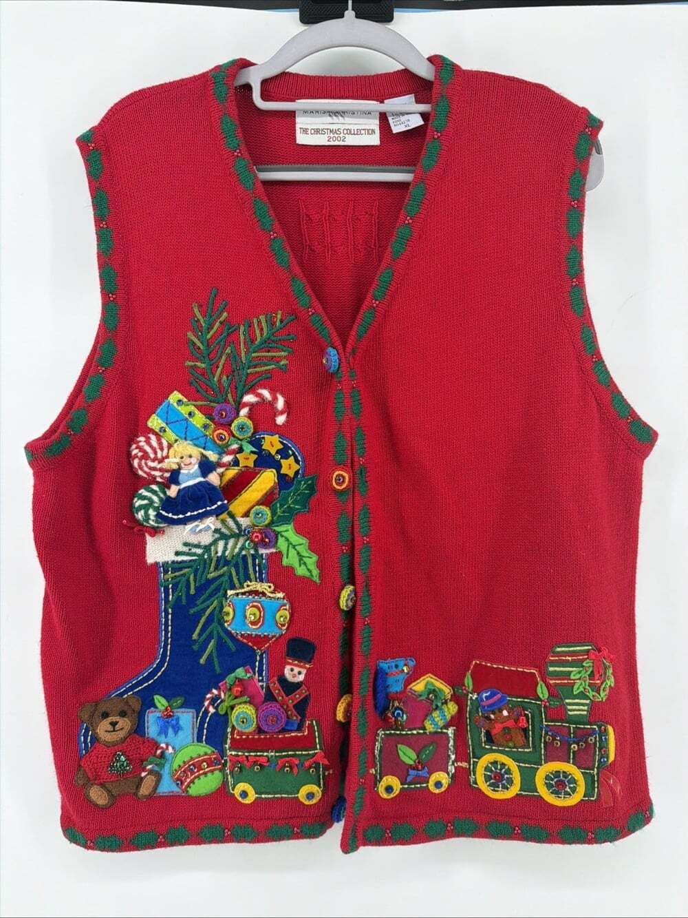 VTG Marisa Christina 3D Christmas Train & Toy Sweater Vest Embroidered Womens XL